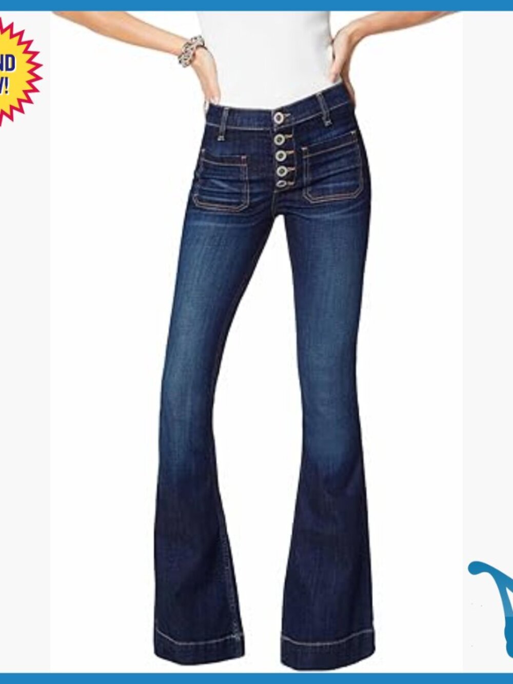 High Rise Flare Jeans with Exposed Button Detail, Perfect for Summer Nights